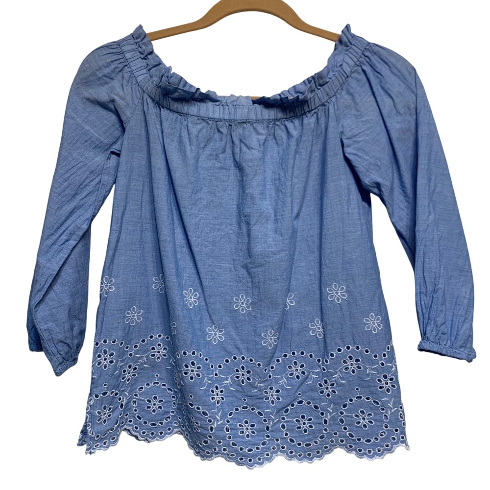 Ann Taylor Off Shoulder Top XSP Blue Eyelet Embroidered Soft Girl Airy Chambray